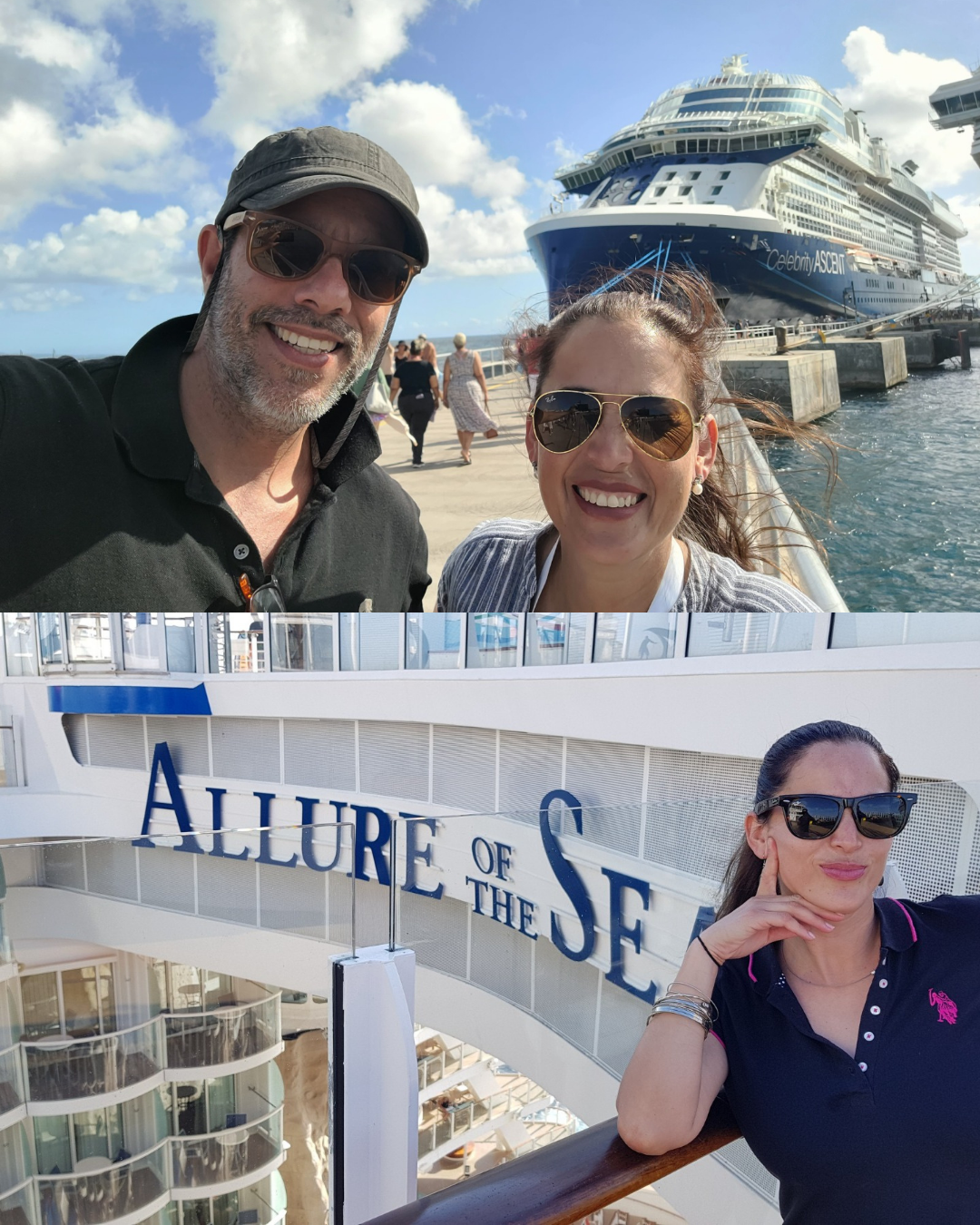 Tania y Sharif – Asesores de cruceros en español, frente a Allure of the Seas